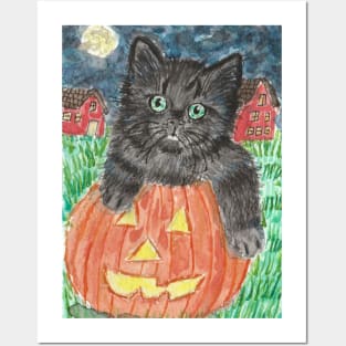 Halloween cat kitten pumpkin Posters and Art